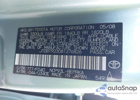 2008 Toyota Yaris from USA, damaged, VIN JTDBT923081276826